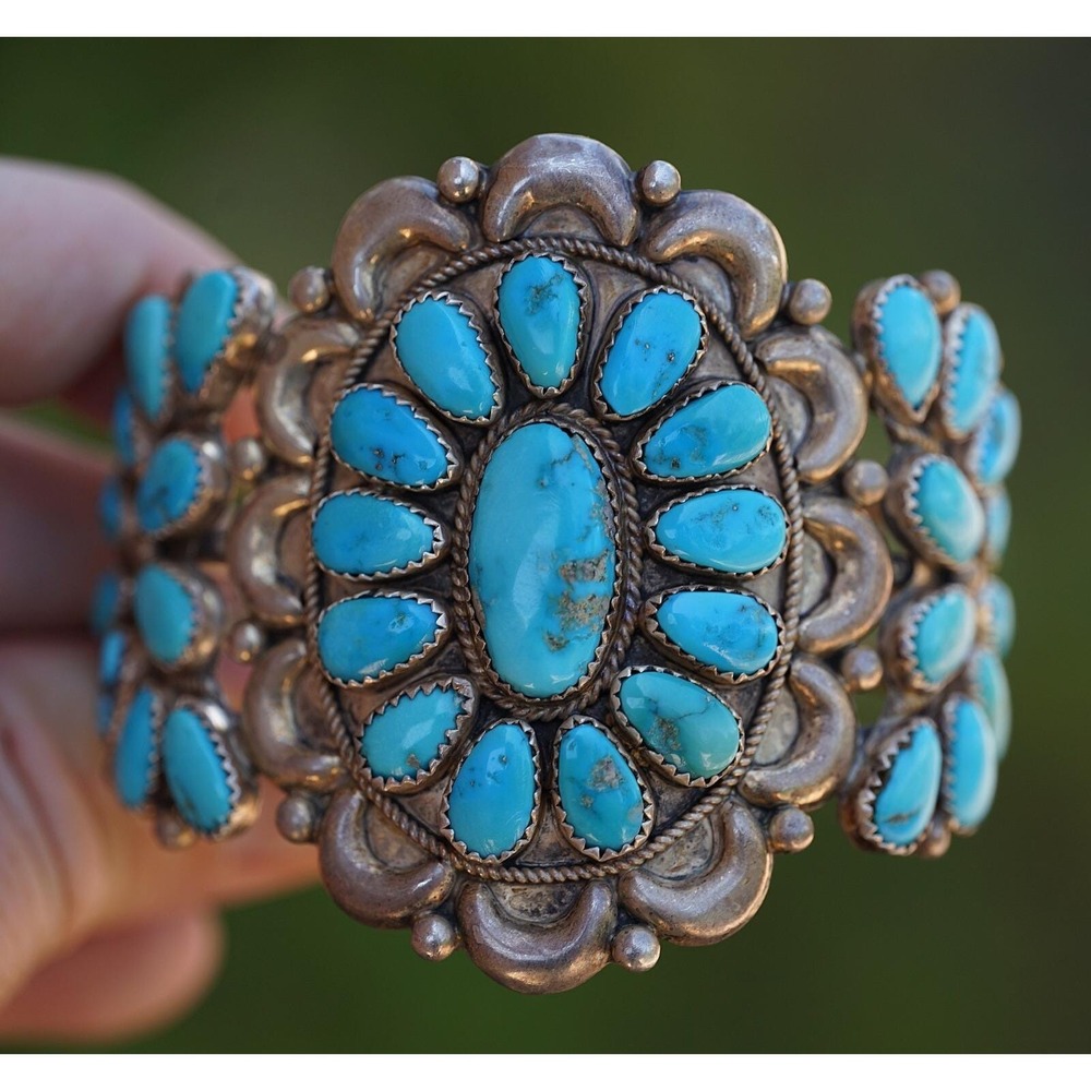 Joe & Eunice Wilson - Navajo Sterling Silver Turquoise Cluster Cuff‎ Bracelet